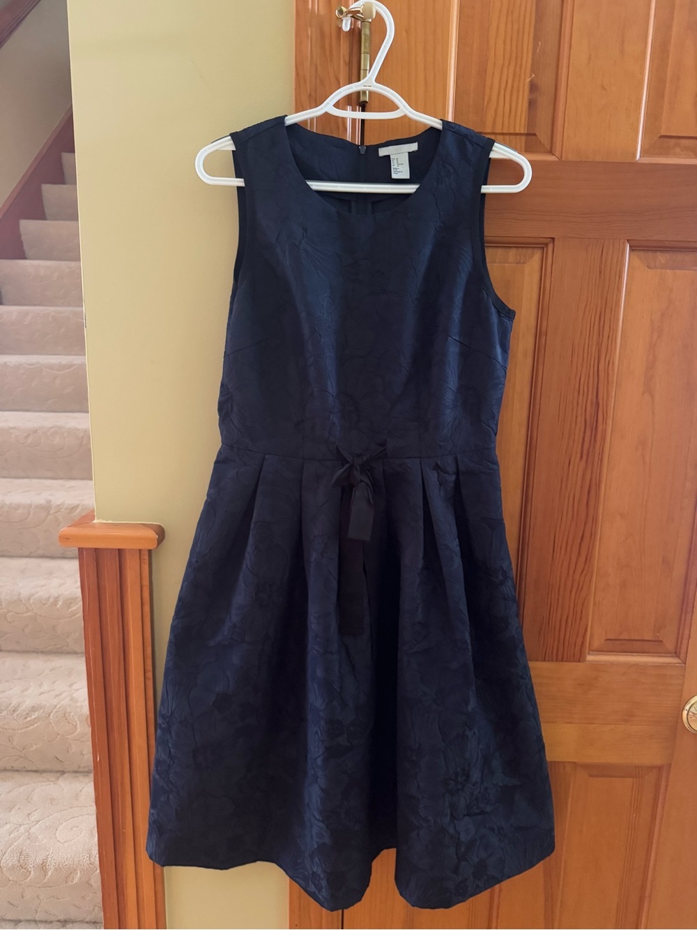 H&M Navy Floral Jacquard Party Dress with Waist Tie